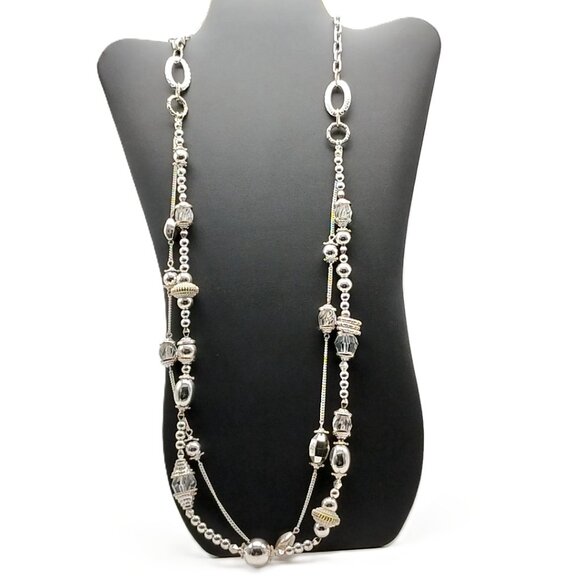 Silver-Tone Double-Strand Beaded Long Chain Necklace 38" - Boho Statement - Picture 5 of 16